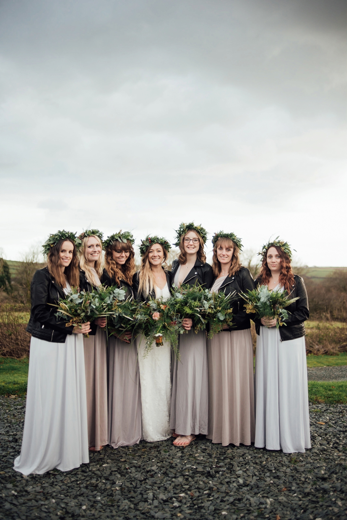 41 A Rembo Styling gown and leather jacket for a winter barn wedding in Cornwall