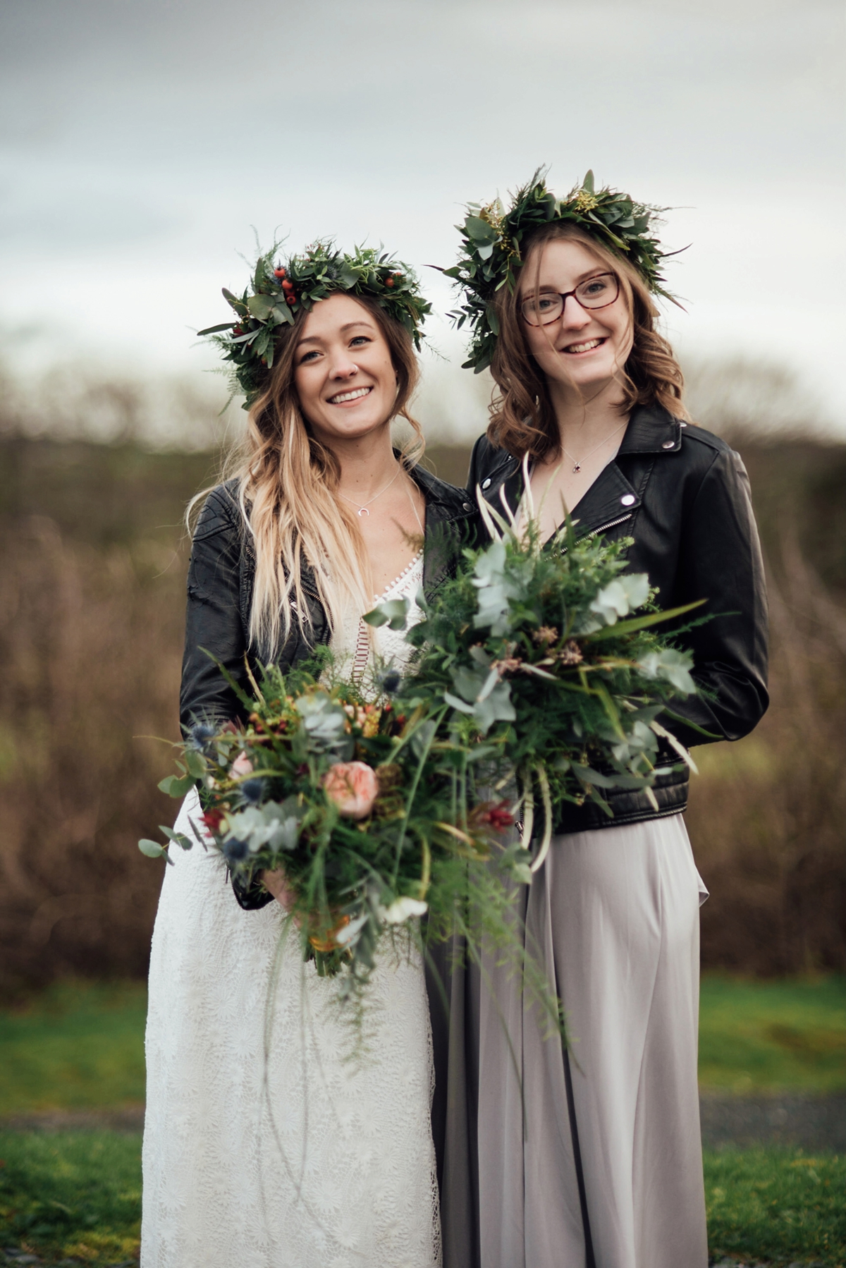 43 A Rembo Styling gown and leather jacket for a winter barn wedding in Cornwall