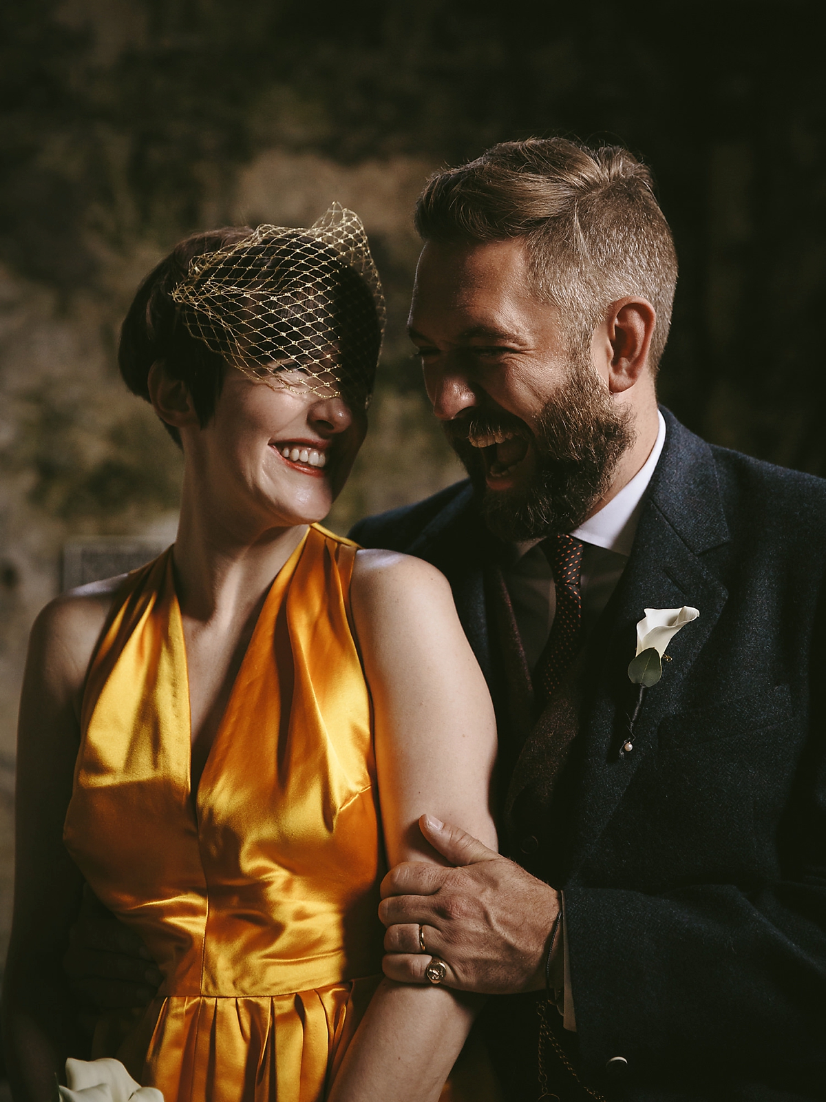 47 A yellow 1970s vintage Christian Dior gown and cape for a modern alternative Scottish wedding