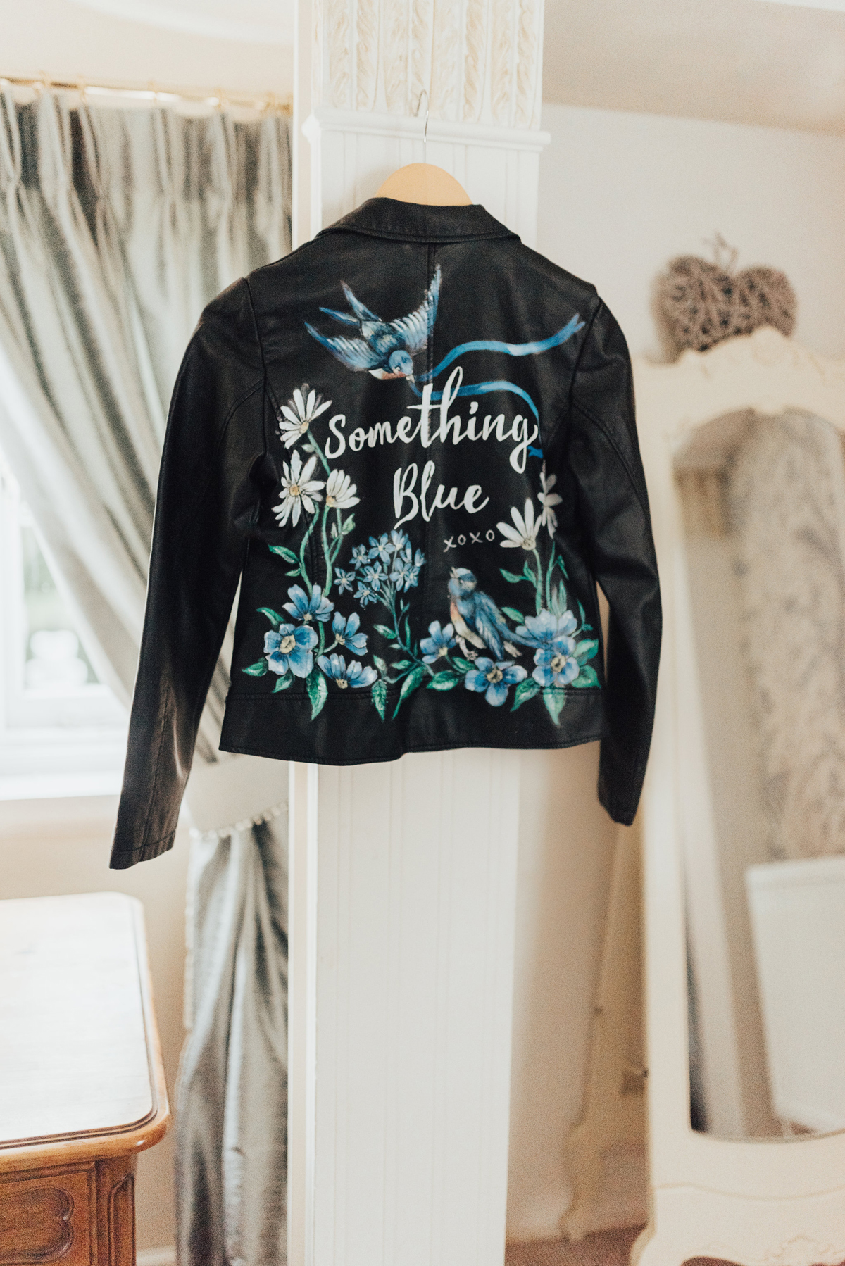 6 Something Blue wedding and bridal inspiration with a handpainted leather jacket