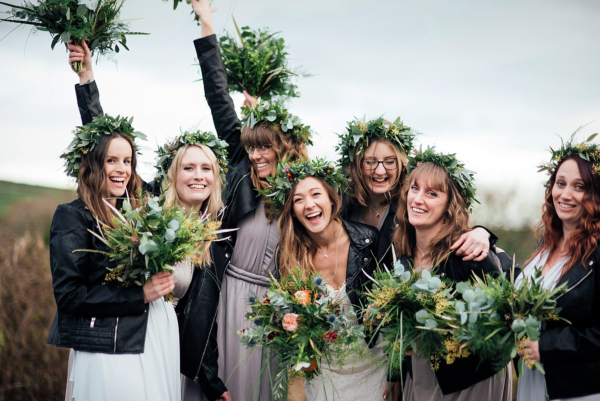 A Rembo Styling Gown and Leather Jacket for a Winter Barn Wedding in Cornwall
