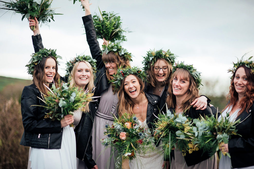 bohemian bridesmaids in green flower crowns
