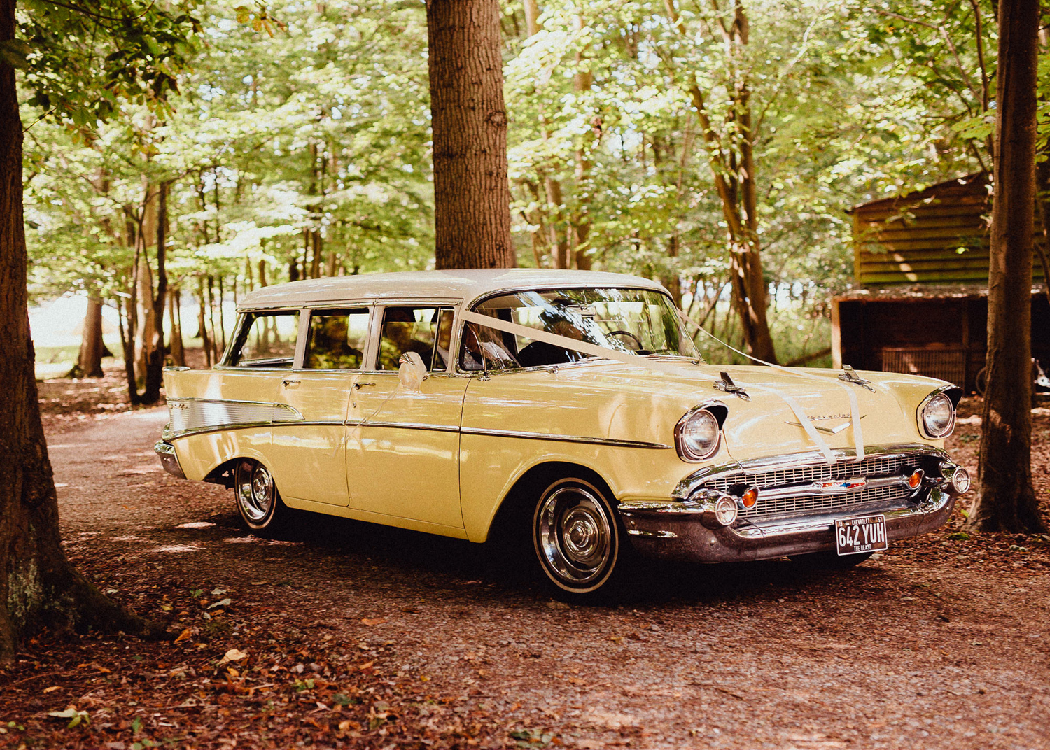 19 Pale yellow retro chevrolet wedding car