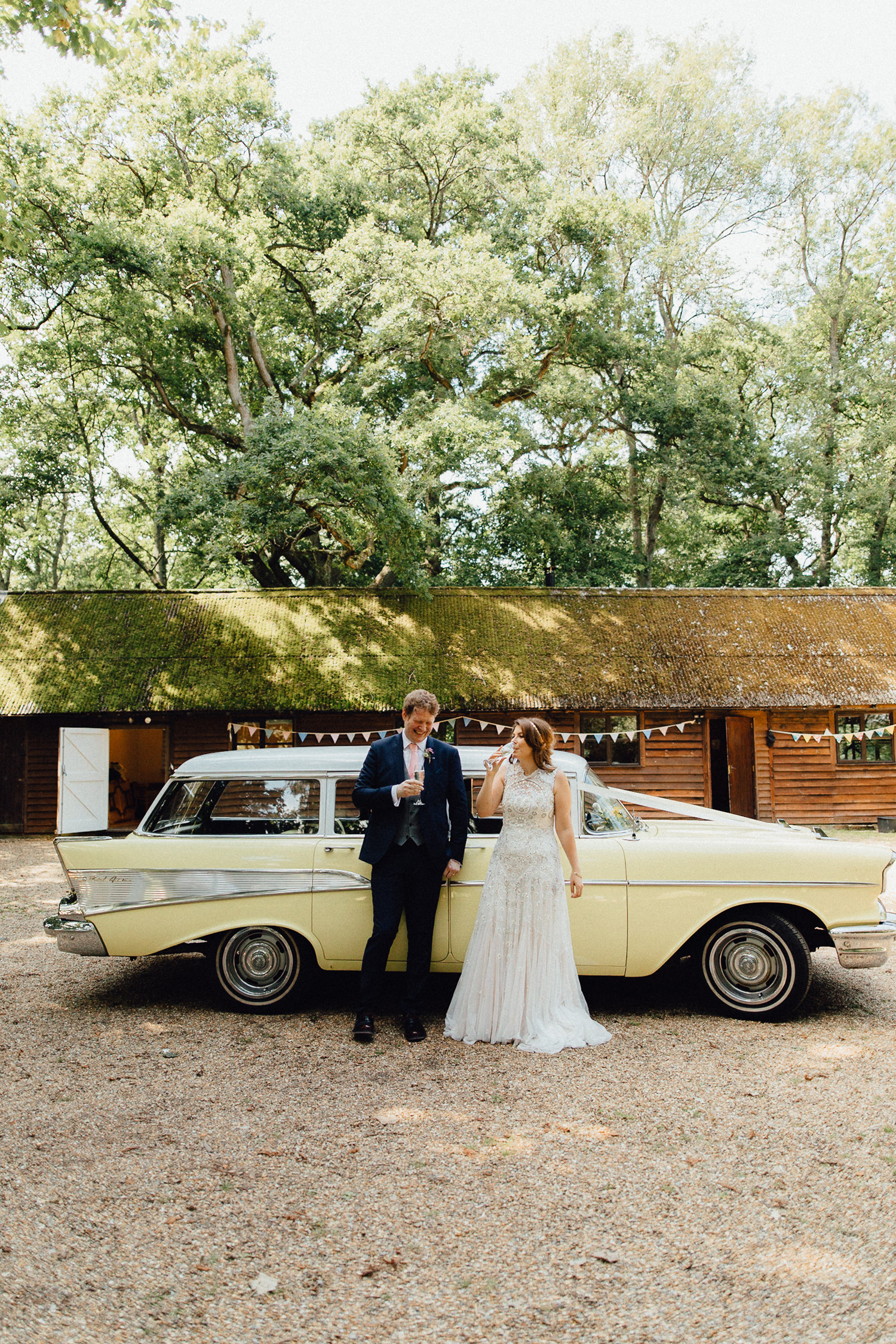 45 Newlywed bride in a Needle Thread dress by pale yellow retro chevrolet wedding car