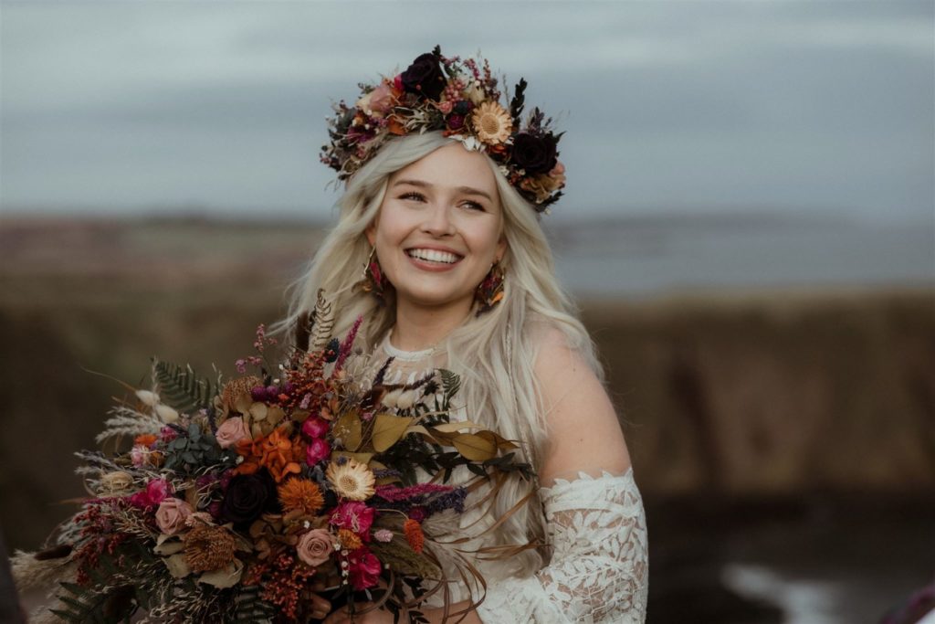 Bohemian elopement in Scotland at Dunnottar Castle in the Scottish Highlands.