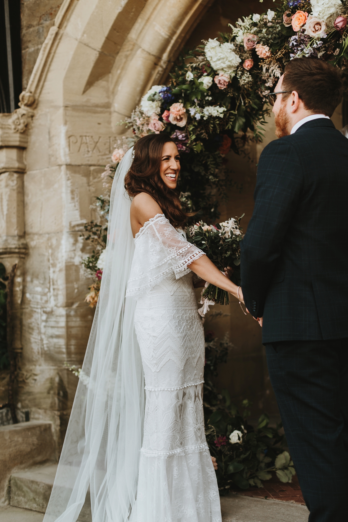 18 An off the shoulder Grace Loves Lace gown for a Plas Dinam wedding in Wales