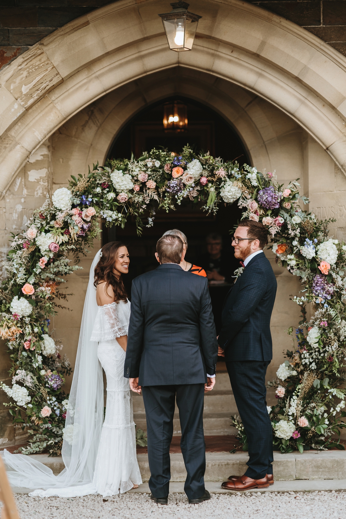 21 An off the shoulder Grace Loves Lace gown for a Plas Dinam wedding in Wales