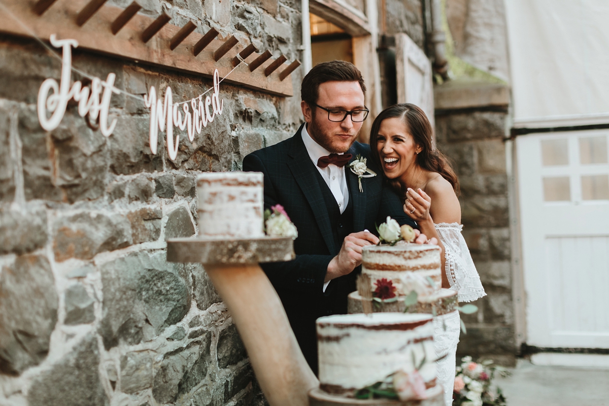 34 An off the shoulder Grace Loves Lace gown for a Plas Dinam wedding in Wales