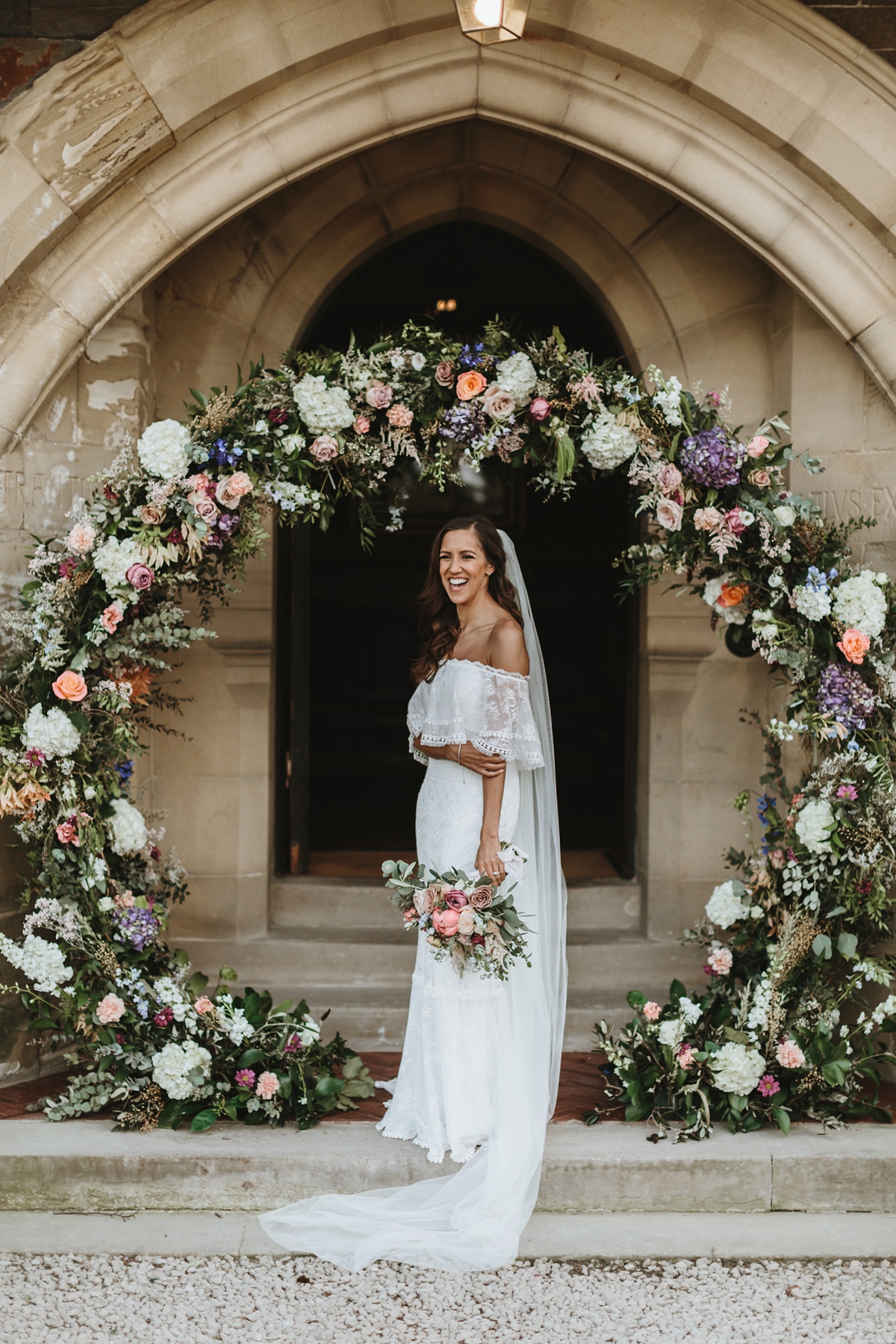 50 An off the shoulder Grace Loves Lace gown for a Plas Dinam wedding in Wales