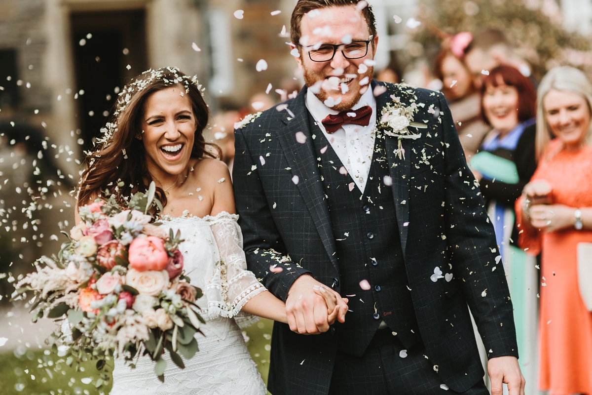 57 An off the shoulder Grace Loves Lace gown for a Plas Dinam wedding in Wales