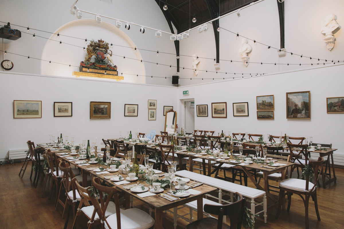 57 Trestle tables and green and neutral decor for a wedding at Highgate Literary Scientific Institution London images by McKinley Rodgers