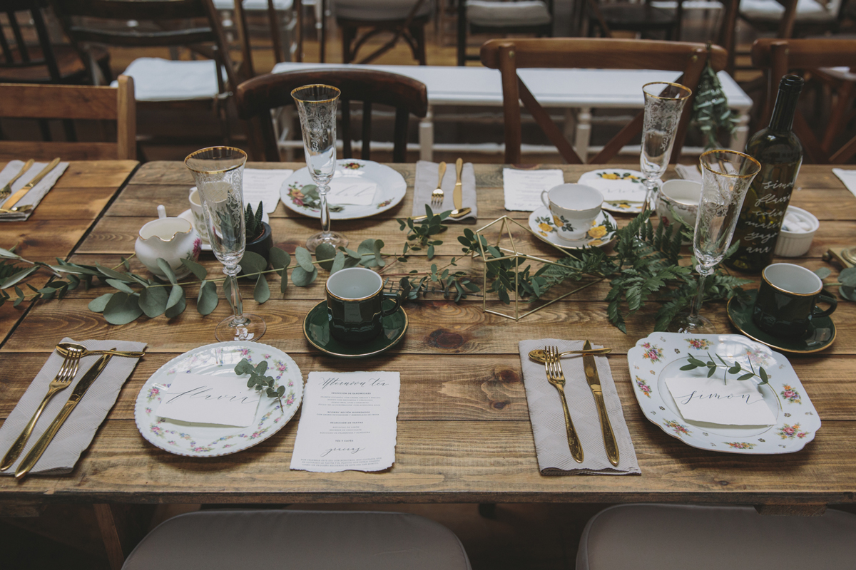 60 Gold cutlery vintage china Eucalyptus leaves wedding reception tabe decor image by McKinley Rogers