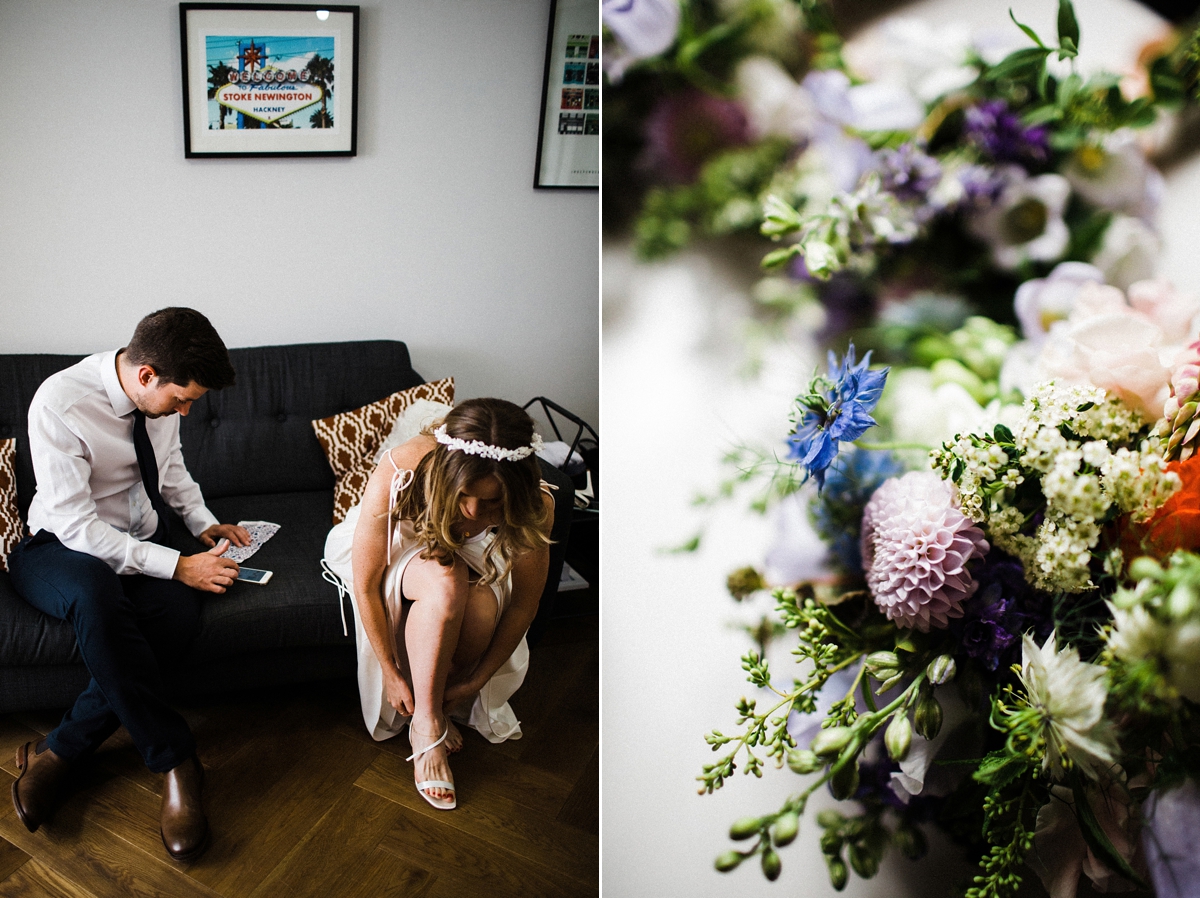 11 A Charlie Brear dress and modern fun East London riverside wedding images by Claudia Rose Carter