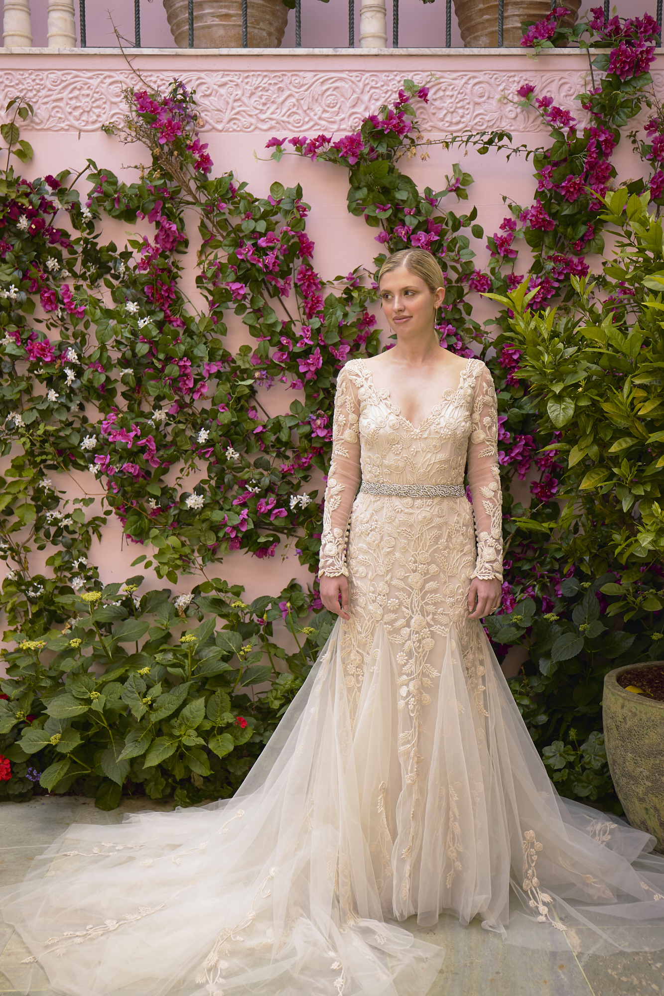 20 Bowen Dryden bridal captured in a pink Marrakech inspired courtyard at Port Lympne Hotel