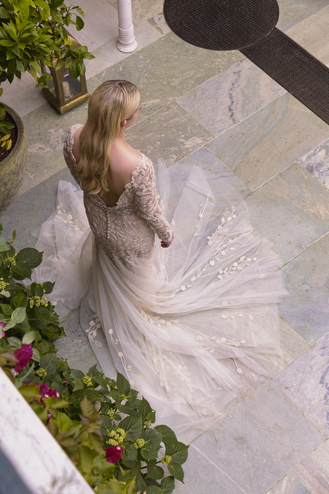 30 Bowen Dryden bridal captured in a pink Marrakech inspired courtyard at Port Lympne Hotel