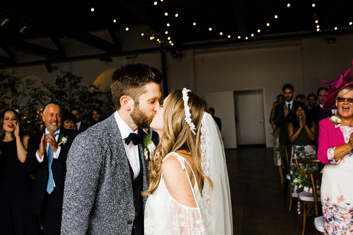 37 A Charlie Brear dress and modern fun East London riverside wedding images by Claudia Rose Carter