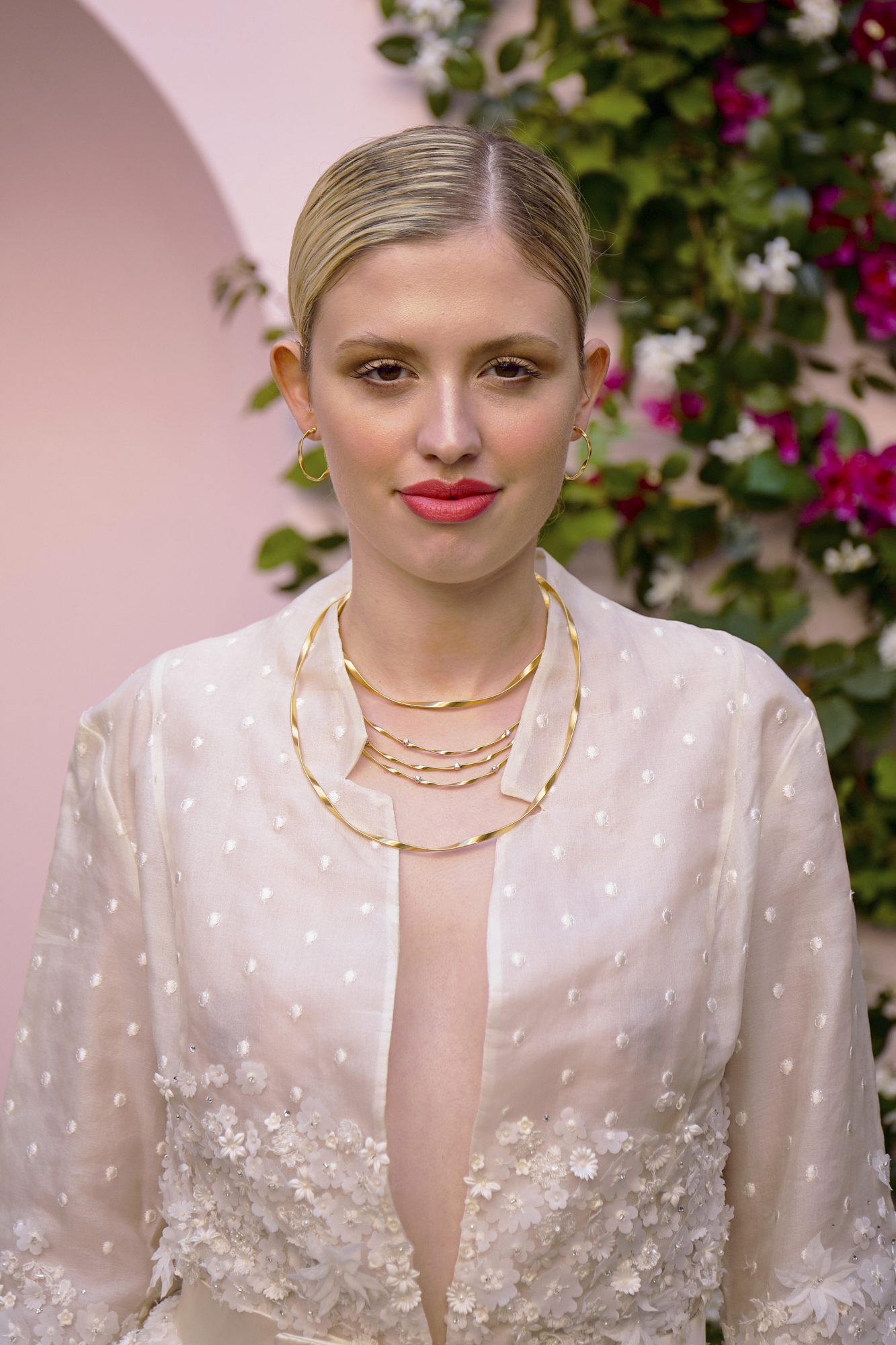 38 Bowen Dryden bridal captured in a pink Marrakech inspired courtyard at Port Lympne Hotel