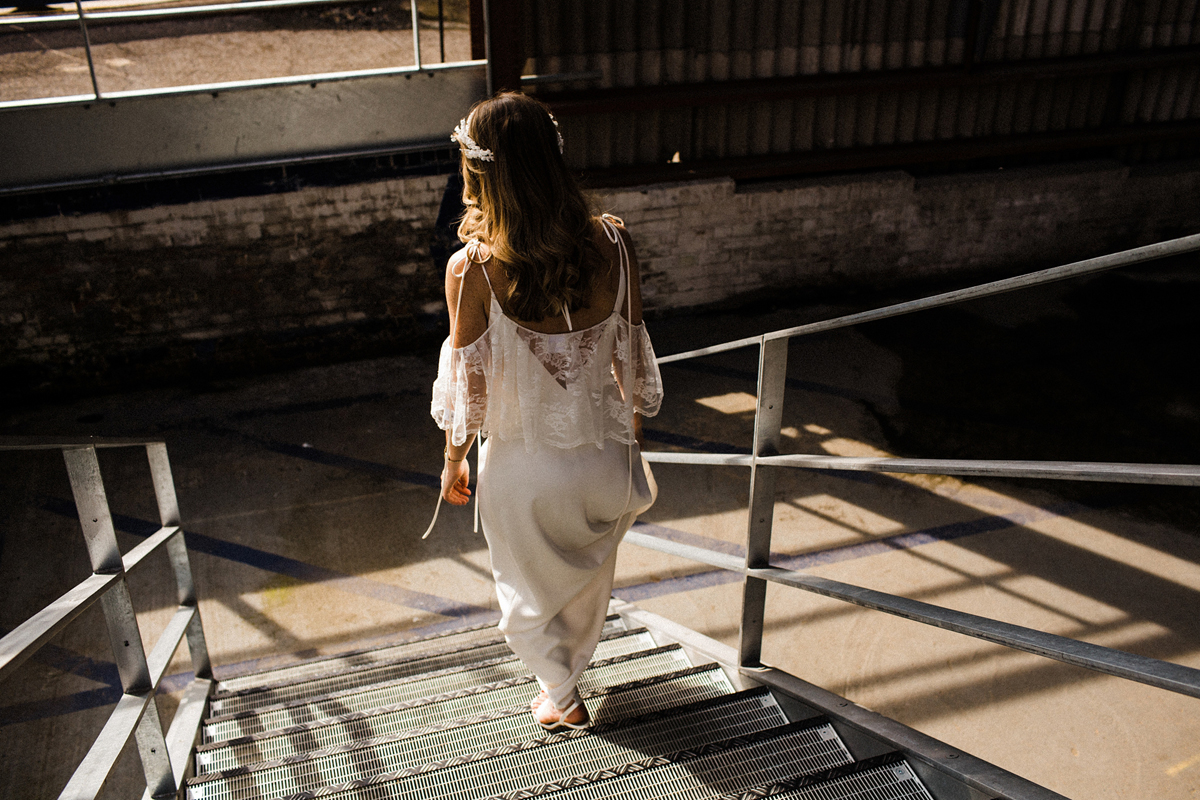 63 A Charlie Brear dress and modern fun East London riverside wedding images by Claudia Rose Carter