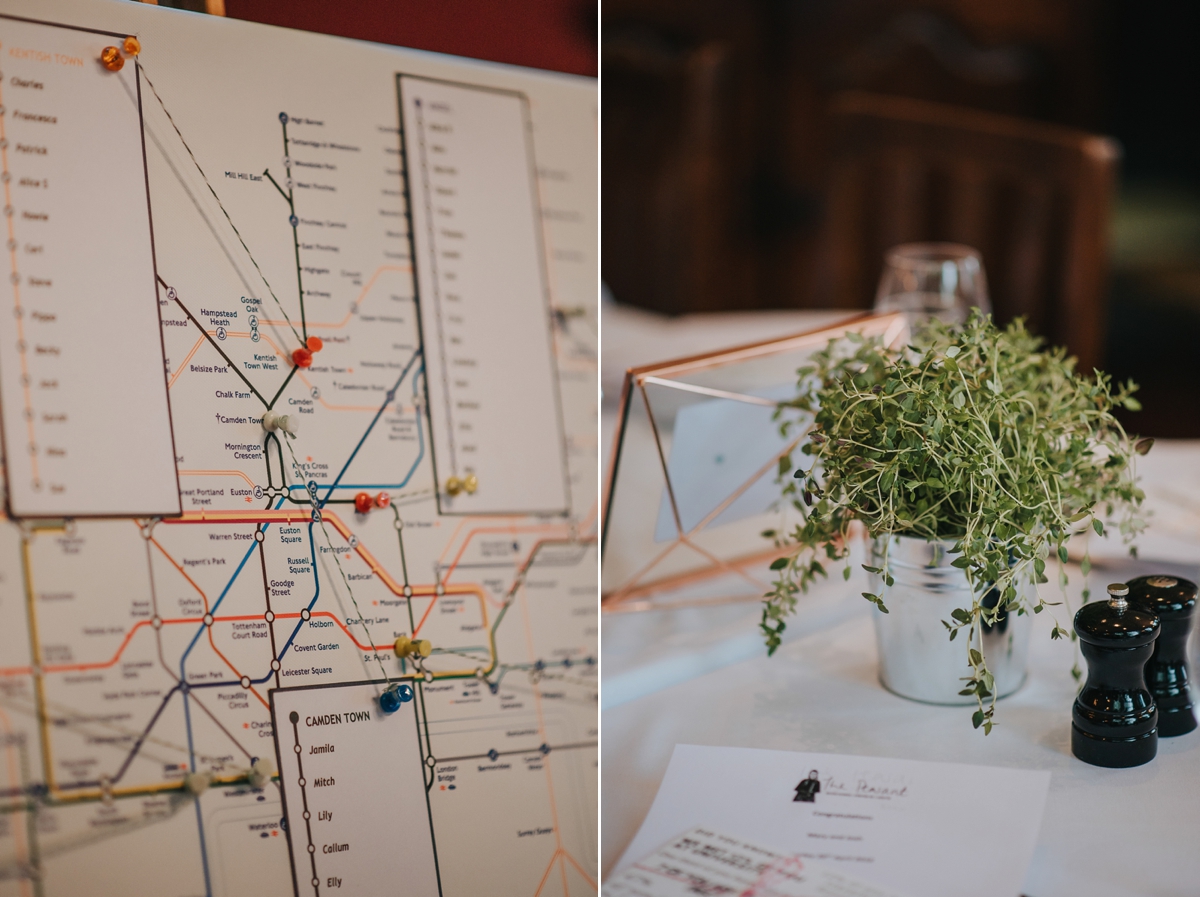 London underground table plan and simple potted plant table centrepiece