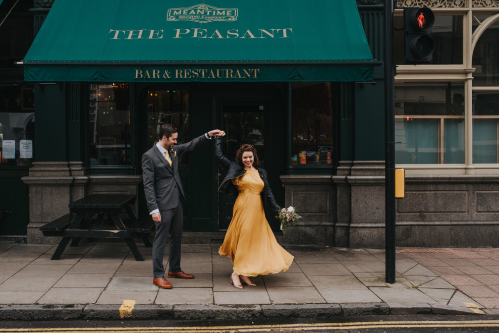 A Yellow Twirly Dress for an Informal London Pub Wedding With Paper Heart Bunting 10 Remain in Light MaryJosh 1089