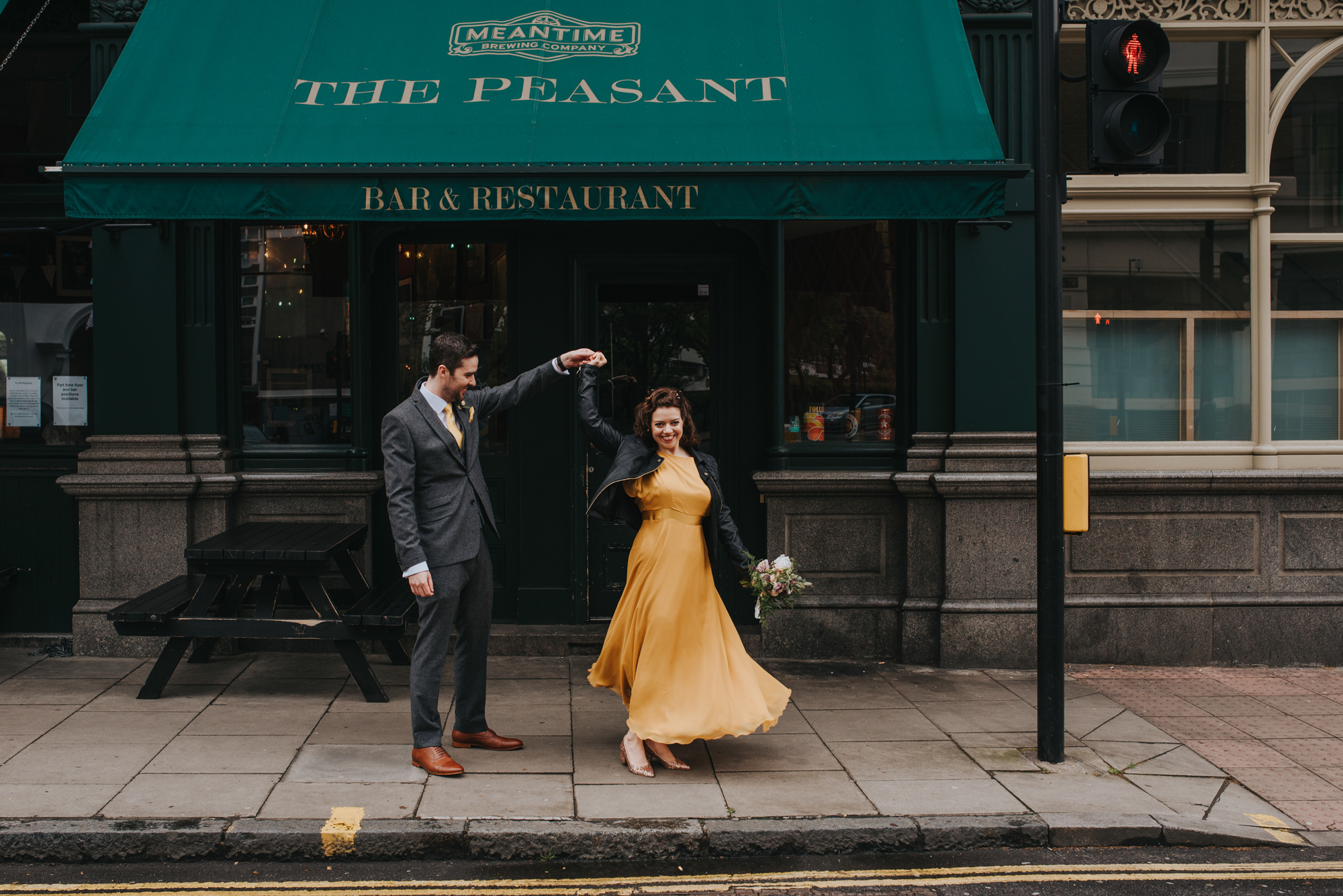 A Yellow Twirly Dress for an Informal London Pub Wedding With Paper Heart Bunting 1 Remain in Light MaryJosh 1089