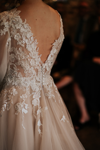 Bespoke appliqué lace and tulle wedding dress by Rachel Lamb Design