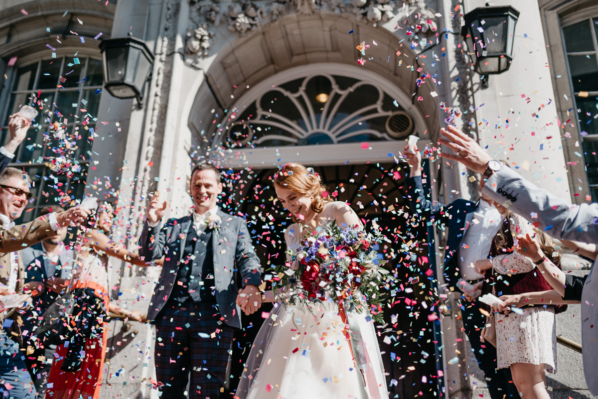 Short tulle skirt red shoes chic London family wedding Elaine Williams Photography 26