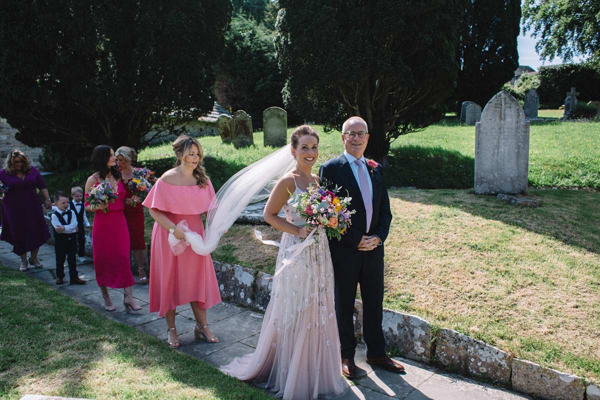 48 Needle Thread wedding dress colourful farm wedding Dorset Sarah Morris Photography