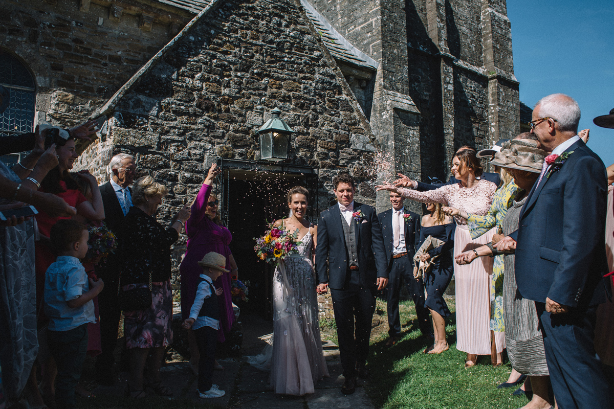 62 Needle Thread wedding dress colourful farm wedding Dorset Sarah Morris Photography