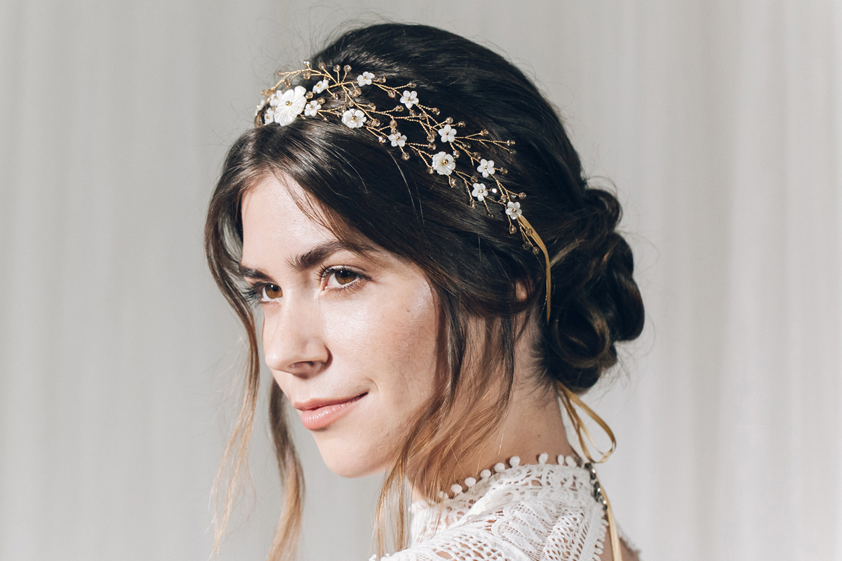 Debbie Carlisle bridal hair accessories Katarina floral hairvine in gold Swarovski crystal mother of pearl and freshwater pearls www.debbiecarlisle.com £225 1