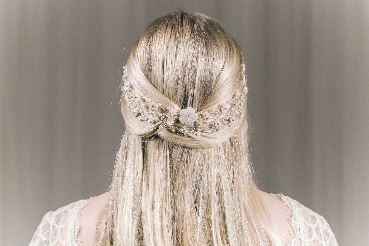 Debbie Carlisle bridal hair accessories Katarina floral hairvine in silver crystal mother of pearl and freshwater pearls www.debbiecarlisle.com £225 3 1