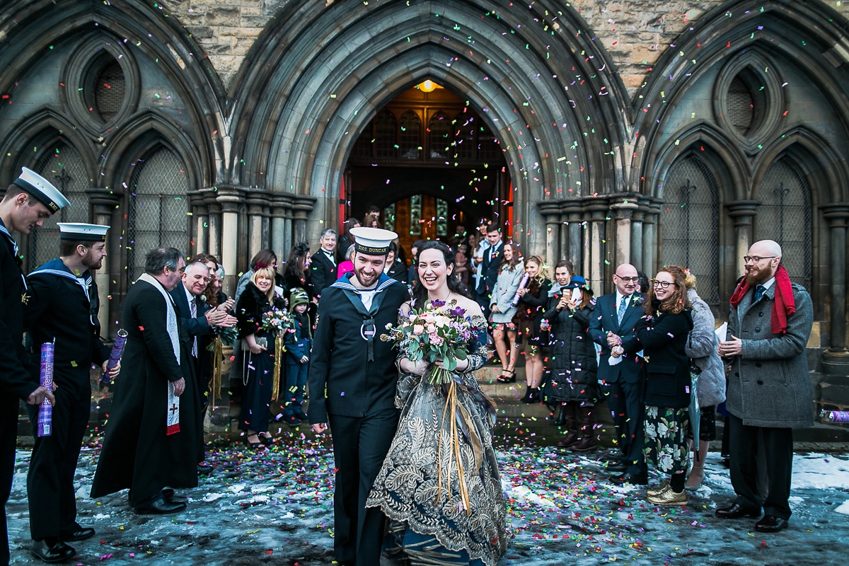 Joanne Fleming blue wedding dress gold festive Naval wedding in Glasgow 1