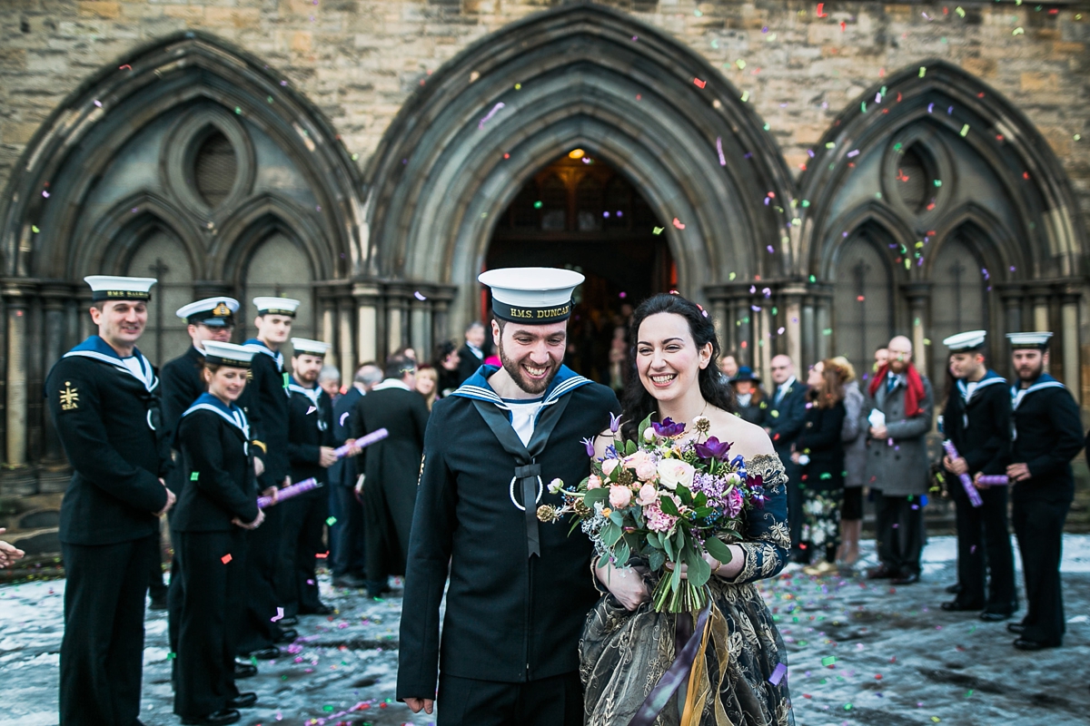Joanne Fleming blue wedding dress gold festive Naval wedding in Glasgow 21