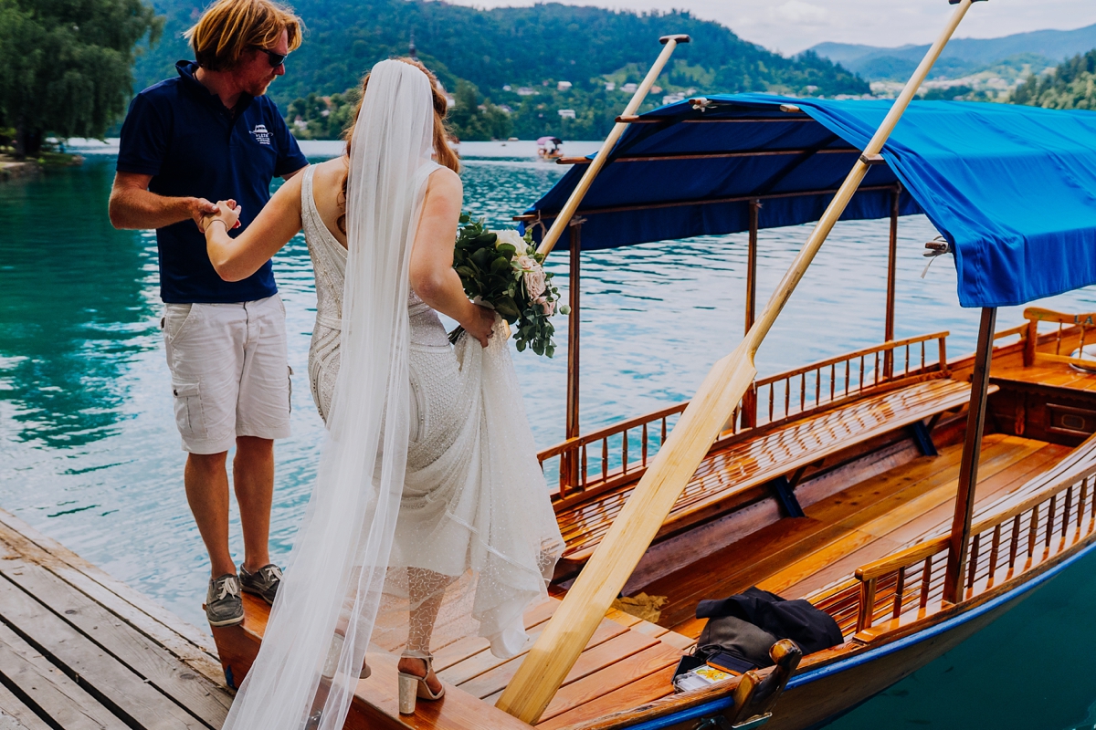 Art deco Eliza Jane Howell dress intimate island wedding in Slovenia 15