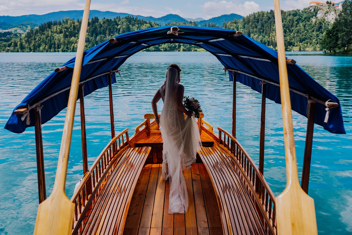 Art deco Eliza Jane Howell dress intimate island wedding in Slovenia 16