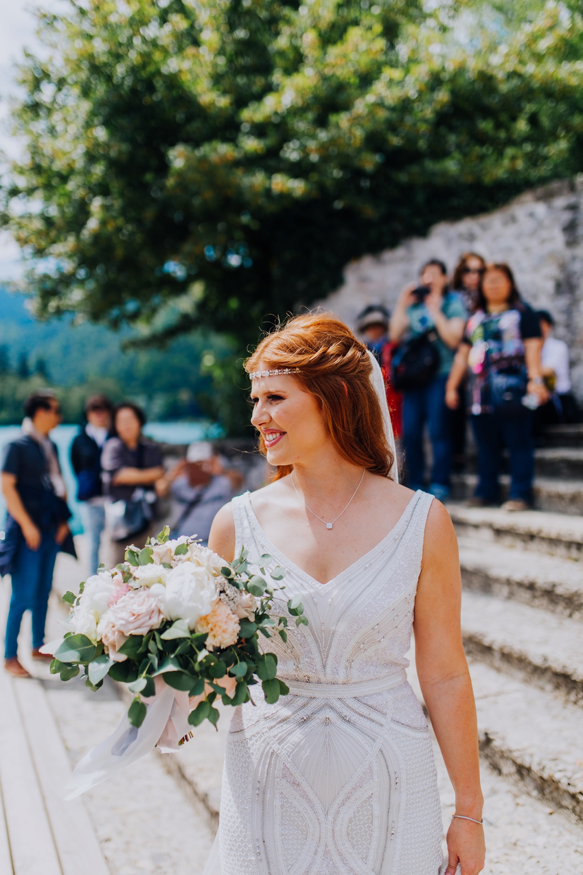 Art deco Eliza Jane Howell dress intimate island wedding in Slovenia 21