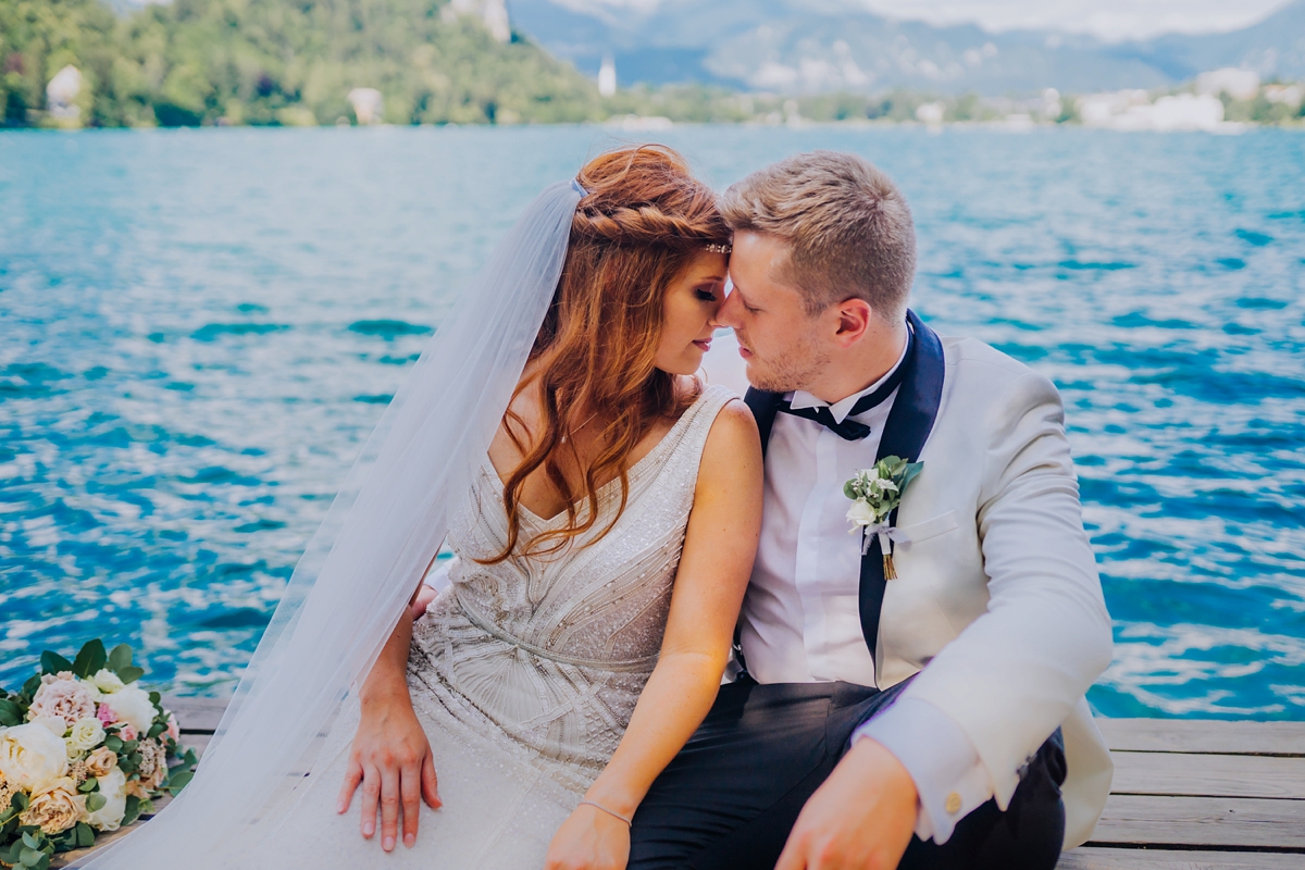 Art deco Eliza Jane Howell dress intimate island wedding in Slovenia 28