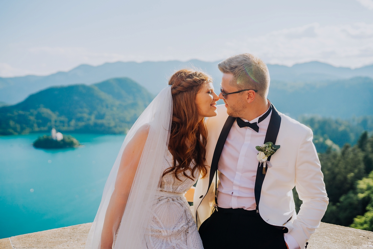 Art deco Eliza Jane Howell dress intimate island wedding in Slovenia 35