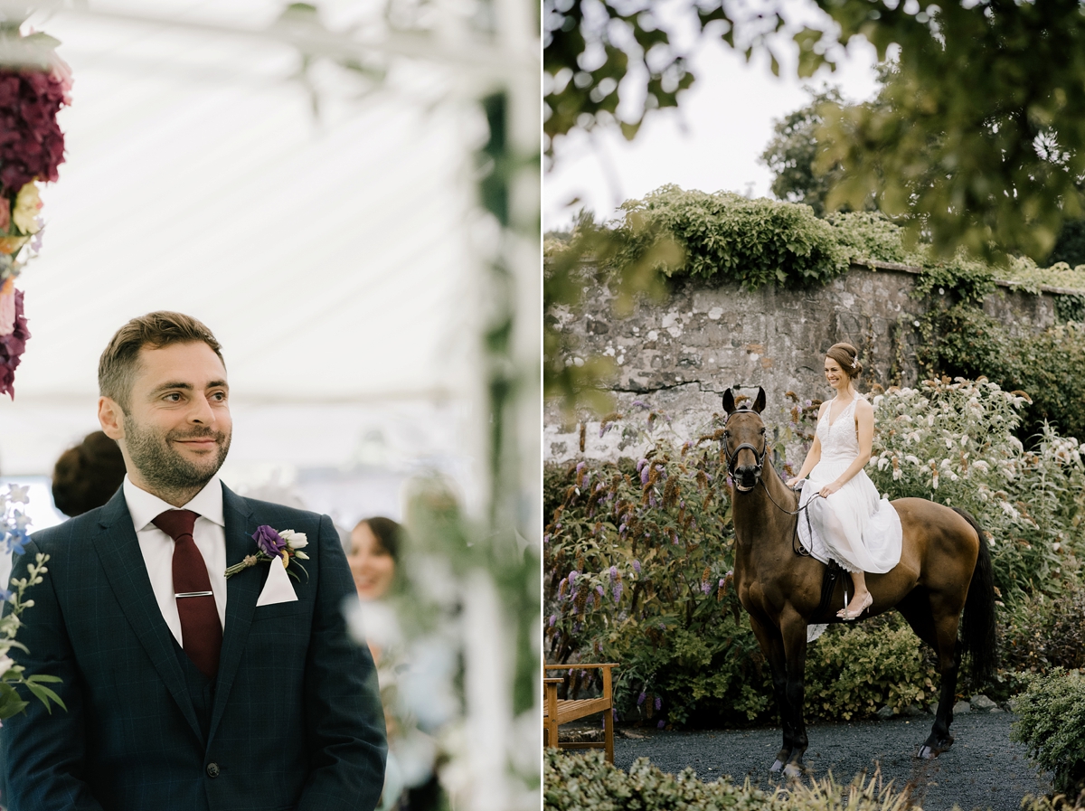Bride arriving on horseback Hillhouse wedding Scotland 59
