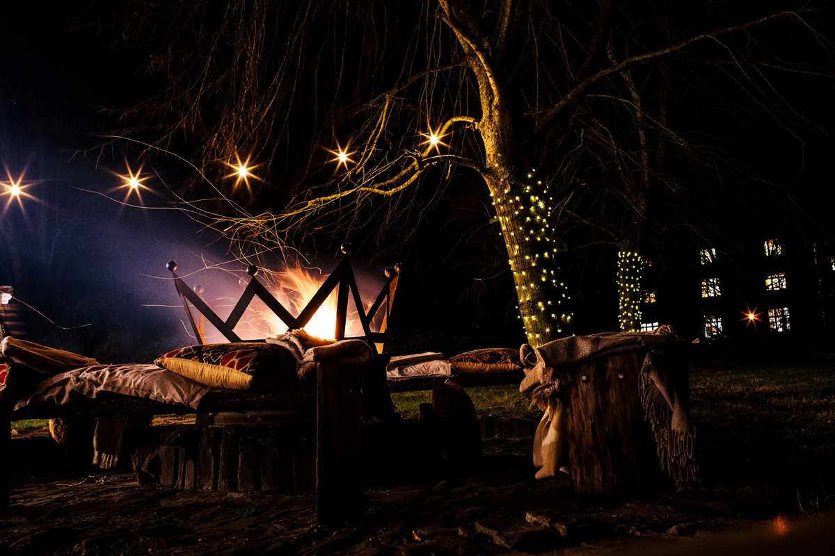 Dewsall Court wedding venue Herefordshire Fire pit heart full of tea photography