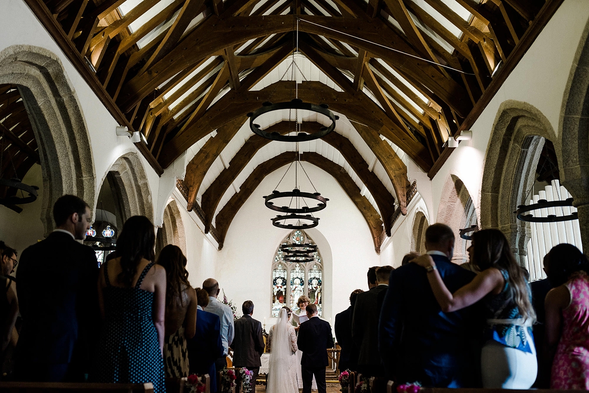 Heirloom veil colourful DIY farm wedding Cornwall 17