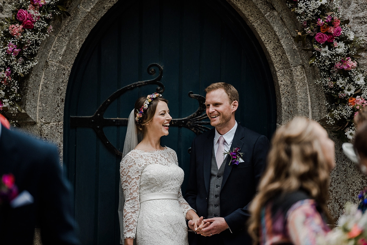 Heirloom veil colourful DIY farm wedding Cornwall 20