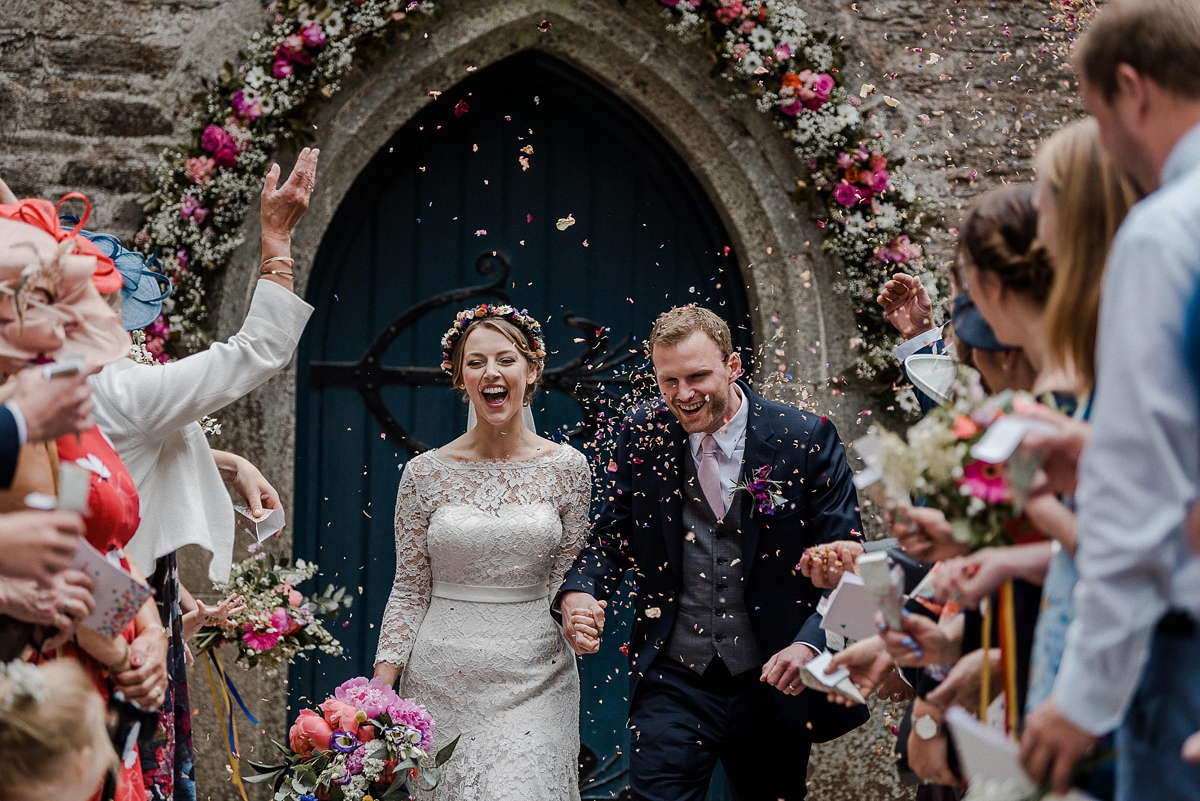 Heirloom veil colourful DIY farm wedding Cornwall 21