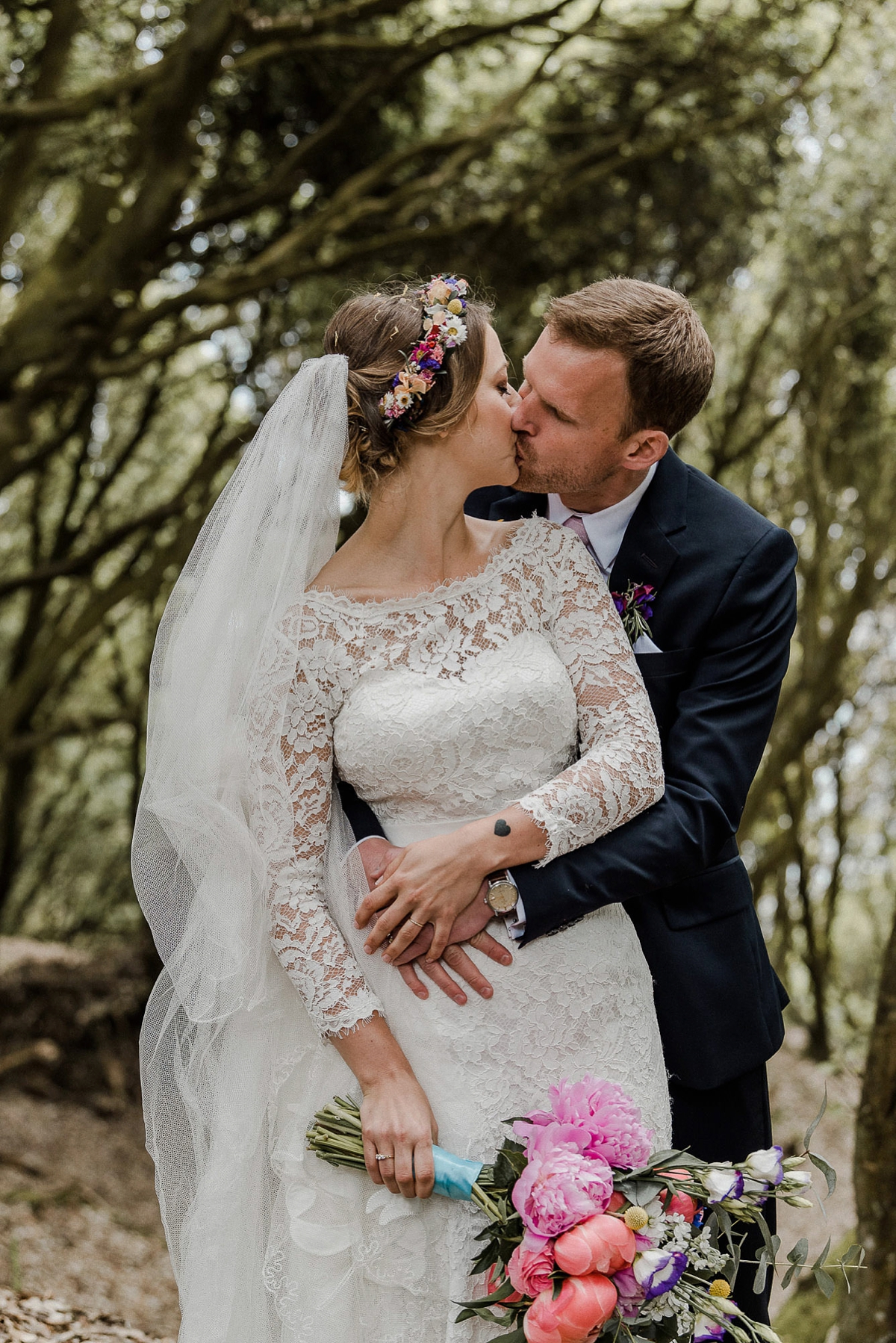 Heirloom veil colourful DIY farm wedding Cornwall 23