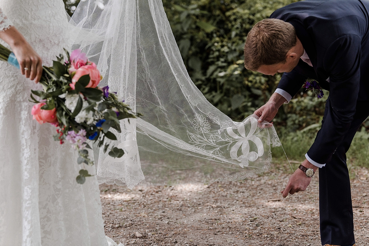 Heirloom veil colourful DIY farm wedding Cornwall 24