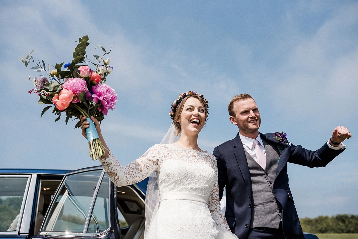 Heirloom veil colourful DIY farm wedding Cornwall 25