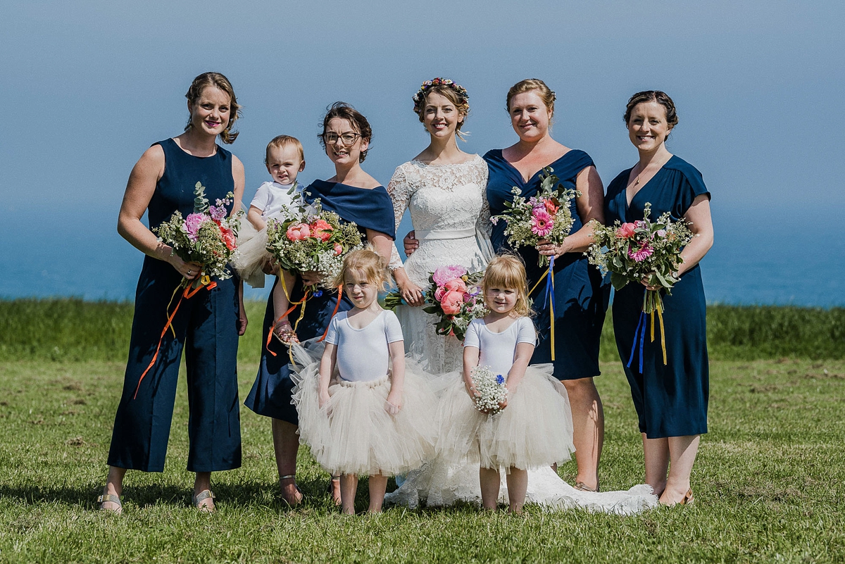 Heirloom veil colourful DIY farm wedding Cornwall 26