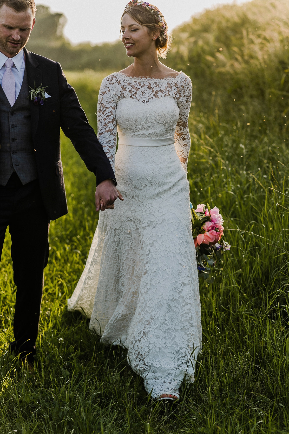 Heirloom veil colourful DIY farm wedding Cornwall 29