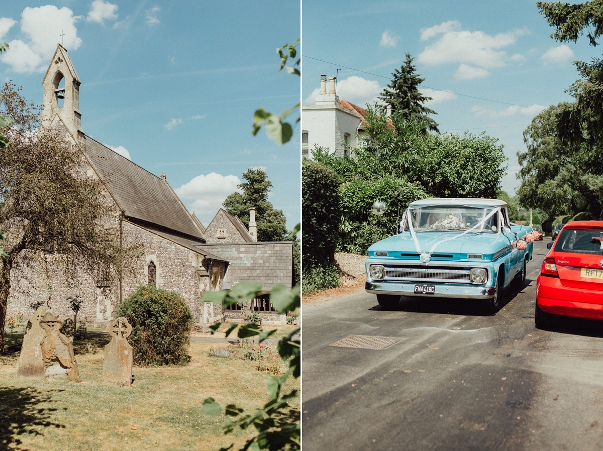 Pale blue chevrolet wedding car