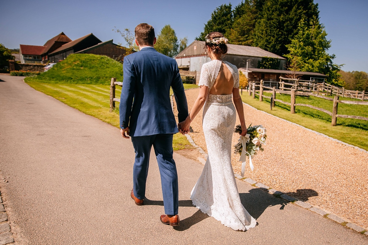 Watters backless Lace dress quintessentially English barn wedding 19